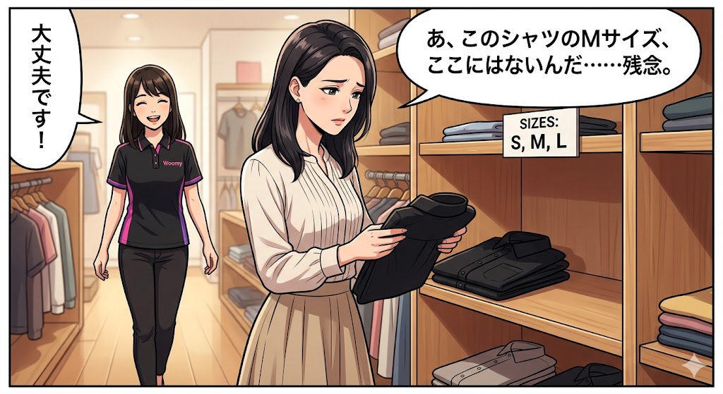 店舗でMサイズのシャツがなくて残念な顔のお客様