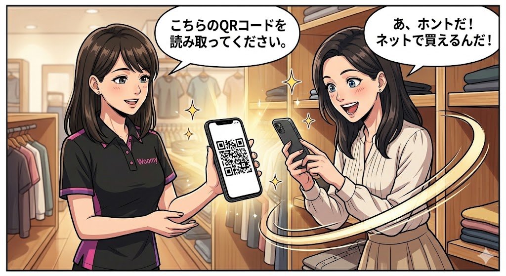 店舗スタッフがお客様にQRコードを提示する。